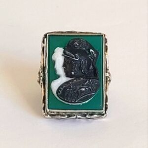 Vintage Men's Intaglio Cameo Roman Soldier Sterling Silver Chunky Statement Ring
